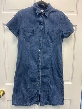 Vintage L.L. Bean Denim Short Sleeve Midi Dress Snap Front Western Cottagecore